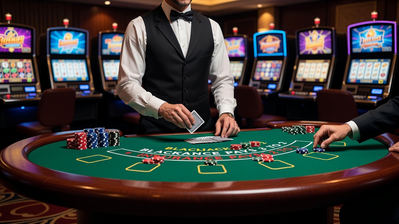 Overview of classic casino game tables including roulette wheels and card layouts in a modern gaming hall