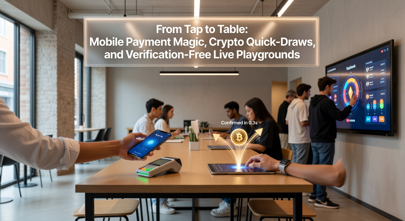 Dynamic split-screen showing crypto wallet transactions speeding into a live casino table game, with no-verification login prompts and mobile payment notifications overlayed