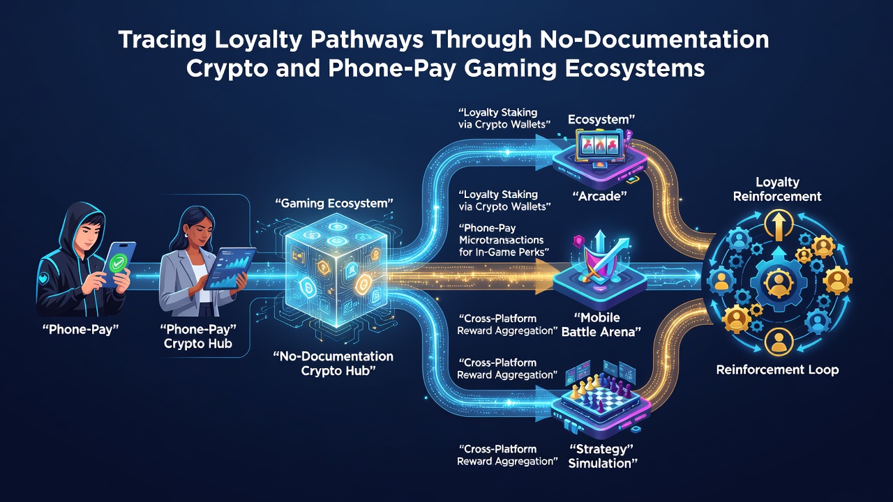 Abstract diagram of tiered loyalty structures with crypto wallets and mobile payment icons flowing into central reward pathways